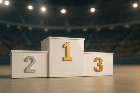 White Winners Podium With Gold And Silver Numbers In Sports Arenaの素材