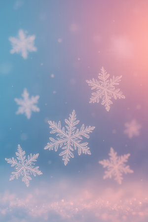 Ethereal Snowflakes Floating on Soft Pastel Blue-Pink Gradient with Sparklesの素材