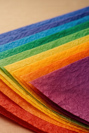 Vibrant Rainbow Colored Tissue Paper Layers in Diagonal Stackの素材