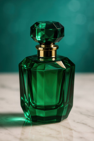 Luxurious Emerald Green Faceted Perfume Bottle with Gold Accents on Marbleの素材