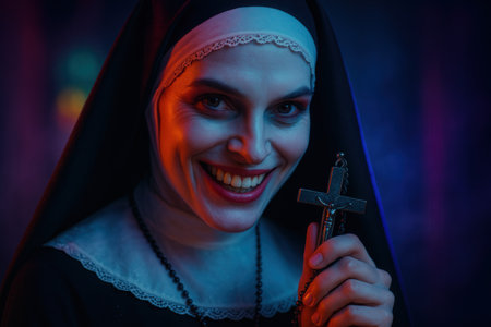Sinister Nun Holding Crucifix with Menacing Smile in Dark Lightingの素材