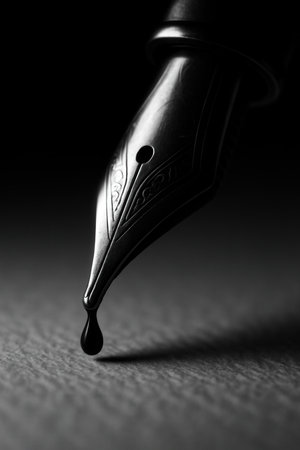 Elegant Fountain Pen Nib Dripping Black Ink on Dark Backgroundの素材