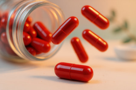 Red Capsules Spilling from Glass Bottle in Dynamic Motionの素材