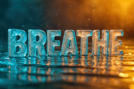 Frozen Ice Letters Spelling BREATHE Submerged in Water with Bokehの素材
