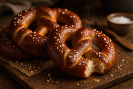 Fresh Baked Pretzels with Coarse Salt and Bite Mark on Wooden Boardの素材