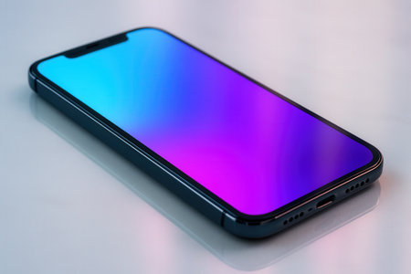 Sleek Smartphone with Vibrant Blue to Purple Gradient Display on Reflective Surfaceの素材