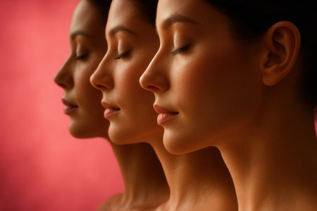 Serene Female Profiles In Soft Light Against Pink Backgroundの素材