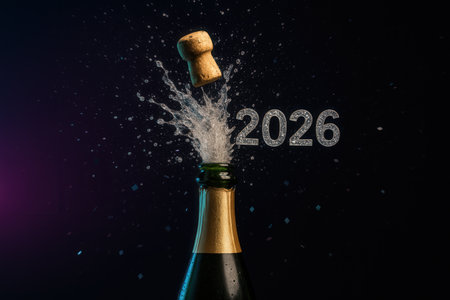 Champagne Bottle Popping With Cork And Splashing Bubbles Against Dark 2026 Backgroundの素材