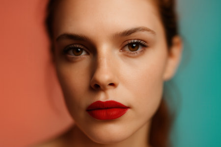 Beauty Portrait Of Young Woman With Red Lips On Colorful Gradient Backgroundの素材
