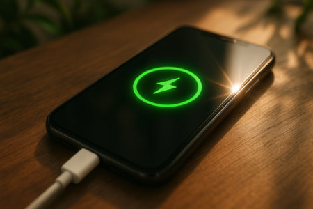 Smartphone Charging On Wooden Table With Glowing Green Energy Iconの素材