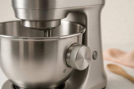 Stainless Steel Stand Mixer Close-Up In Modern Home Kitchenの素材