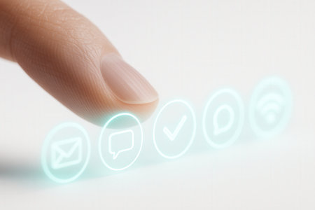 Finger Selecting Glowing Holographic Communication Icons on Clean Interfaceの素材