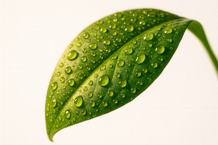 Fresh Green Leaf Covered In Water Droplets On Soft Light Backgroundの素材