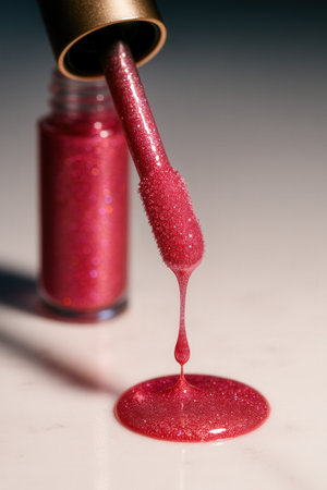 Pink Glitter Cosmetic Gloss Dripping From Applicator Wand Onto Surfaceの素材