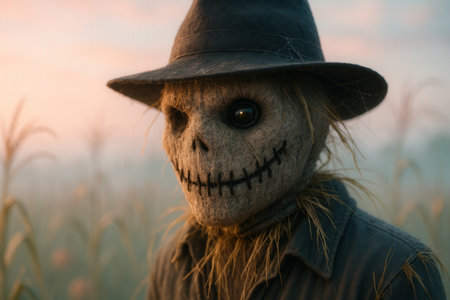 Creepy Straw Scarecrow With Stitched Smile At Misty Sunsetの素材