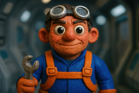 Clay Space Mechanic Character With Goggles And Wrench In Futuristic Corridorの素材