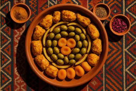 Traditional Middle Eastern Appetizer Platter With Olives Apricots And Spicesの素材