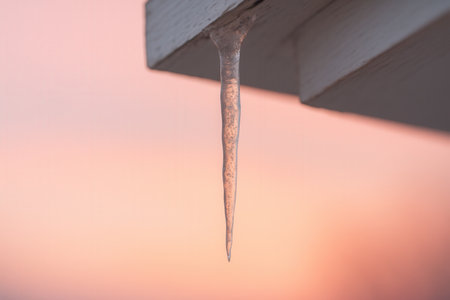 Single Winter Icicle Hanging From Roof At Pastel Sunsetの素材