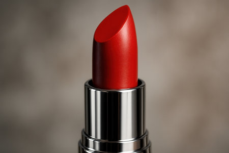 Luxurious Red Lipstick In Silver Tube On Neutral Background, Classic Beauty And Makeup Conceptの素材