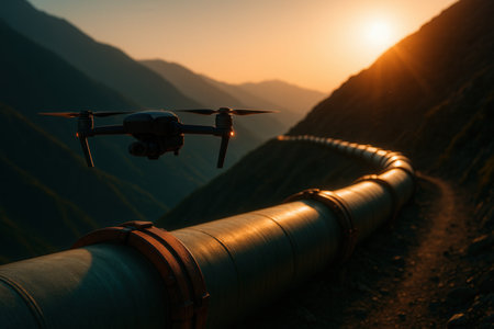 Surveillance Drone Inspecting Mountain Pipeline At Dramatic Sunsetの素材