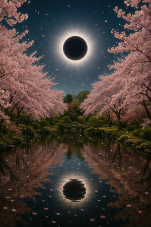 Total Solar Eclipse Above Sakura Garden Pond With Cherry Blossomsの素材