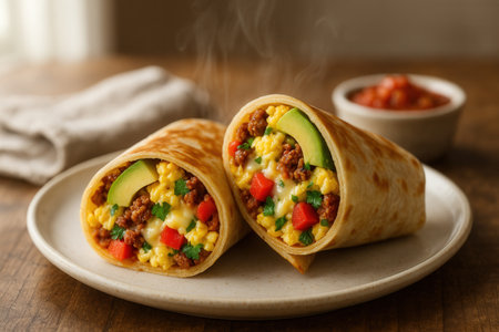 Steaming Breakfast Burrito With Eggs Sausage Avocado And Cheeseの素材