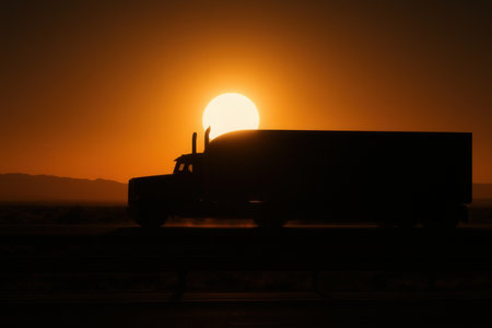 Silhouette Of Cargo Truck Driving Along Highway At Fiery Sunsetの素材