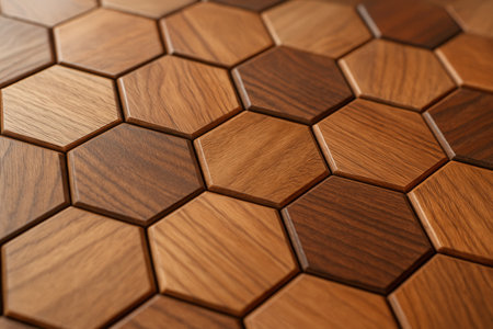 Geometric Wooden Hexagon Tiles Creating Warm Natural Patternの素材