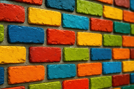Bright Painted Brick Wall With Colorful Geometric Patternの素材