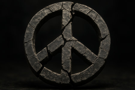 Cracked Stone Peace Symbol on Dark Background as Concept of Fragile Harmonyの素材