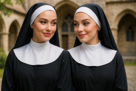 Smiling Twin Nuns Standing Together in Historic Monastery Courtyardの素材