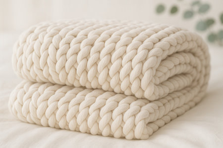 Cozy Chunky Knit Blanket Folded on Soft Bedの素材