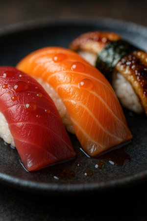 Assorted Nigiri Sushi With Salmon Tuna And Eel On Dark Plateの素材