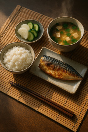 Traditional Japanese Breakfast Set With Grilled Fish, Rice, Miso Soup And Pickles On Bamboo Matの素材