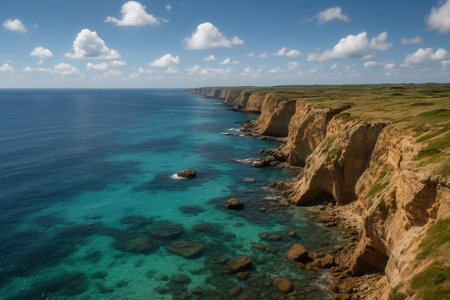 Dramatic Coastal Cliffs Above Turquoise Sea Under Blue Sky With Puffy Cloudsの素材
