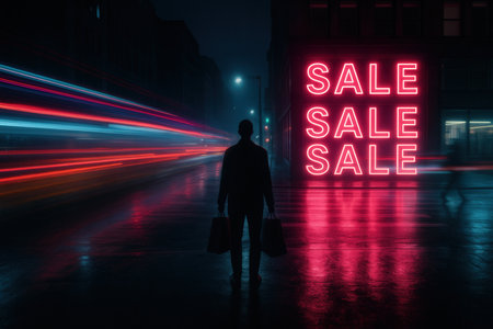 Neon Sale Sign Reflected on Rainy Night Street With Shopper Silhouette and Motion Light Trailsの素材