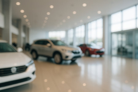 Modern Car Dealership Showroom Interior With Vehicles, Bright Windows, and Clean Minimal Designの素材