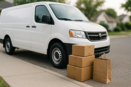 White Delivery Van With Cardboard Packages On Suburban Street Curbsideの素材