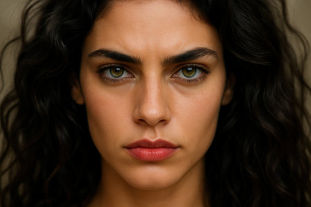 Intense Portrait of Young Woman with Dark Wavy Hair and Green Eyesの素材