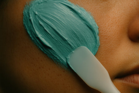 Turquoise Clay Face Mask Applied With Spatula on Cheek, Skincare Treatment Texture and Clean Beauty Routineの素材