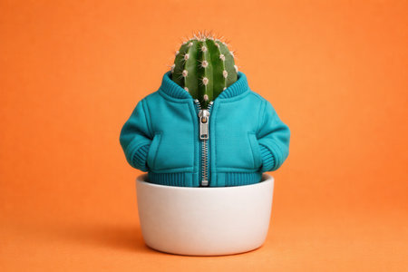 Cactus Plant Wearing Teal Hoodie Jacket In White Pot On Orange Backgroundの素材