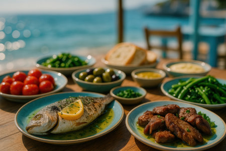 Mediterranean Seafood And Meze Spread On Wooden Table By The Sea In Summerの素材