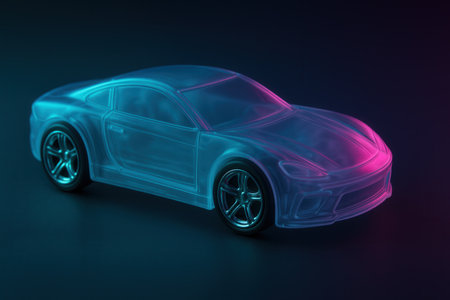 Translucent Sports Car Model in Blue and Magenta Neon Lighting on Dark Backgroundの素材