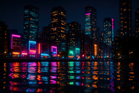 Neon City Skyline Reflected In Water At Night With Colorful Lightsの素材
