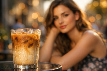 Iced Latte With Condensation On Cafe Table And Woman In Warm Evening Lightの素材