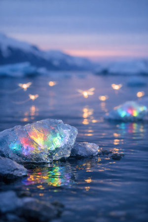 Translucent Ice Block With Iridescent Rainbow Glow Floating On Arctic Water At Duskの素材