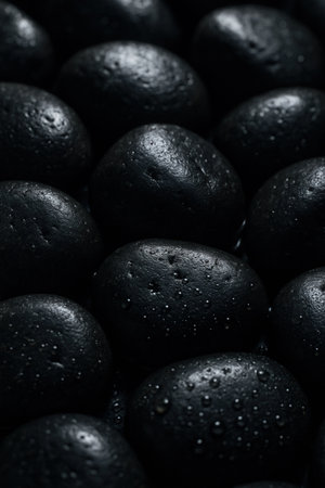 Group Of Smooth Dark Basalt Pebbles Covered In Tiny Sparkling Water Dropsの素材