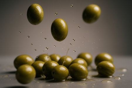 Fresh Green Olives Falling And Splashing Into Oil Or Water Against A Gray Backgroundの素材