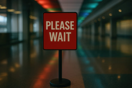 Red Warning Sign With Text Please Wait In A Modern Empty Airport Hallwayの素材