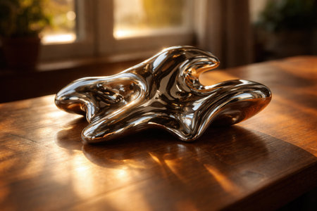 Fluid Chrome Biomorphic Sculpture On Rustic Wooden Table In Warm Sunlightの素材